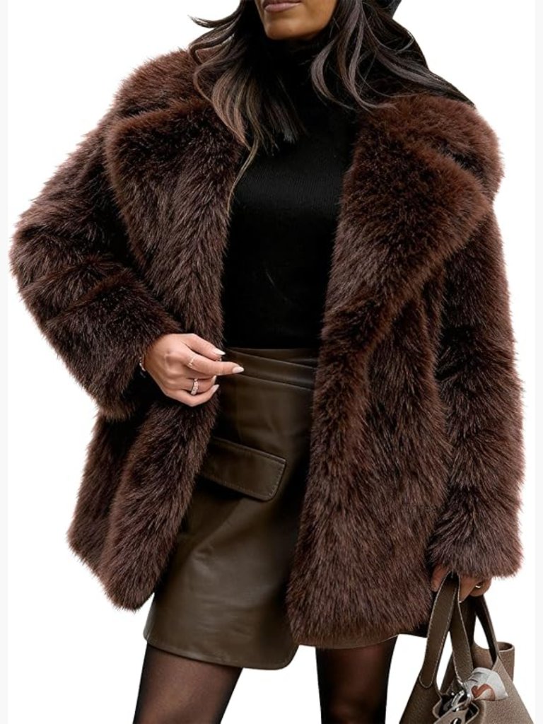 Long Faux Fur Coat Winter Jacket Shawl Collar Snap Button Lined